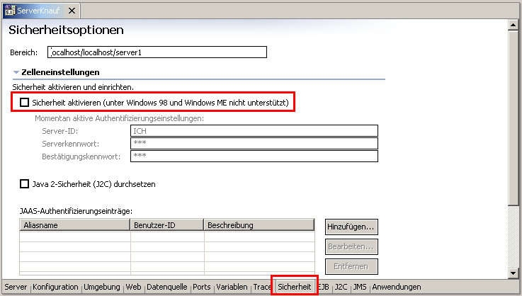 Serverconfig: Sicherheit abschalten